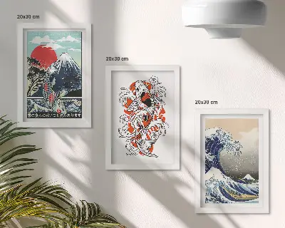 Composizione di 3 quadri con illustrazioni di montagne di pesci e della Grande Onda al largo di Kanagawa in stile giapponese