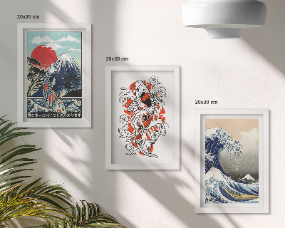 Composizione di 3 quadri Illustrazioni di montagne di pesci e della Grande Onda al largo di Kanagawa, in stile giapponese.