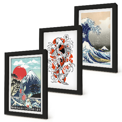Composizione di 3 quadri Illustrazioni di montagne di pesci e della Grande Onda al largo di Kanagawa, in stile giapponese.