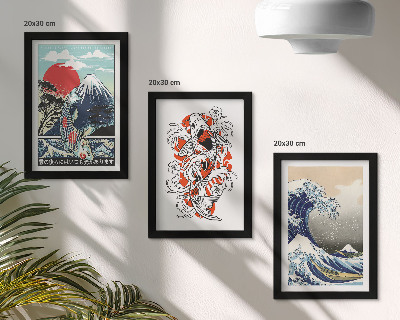 Composizione di 3 quadri Illustrazioni di montagne di pesci e della Grande Onda al largo di Kanagawa, in stile giapponese.