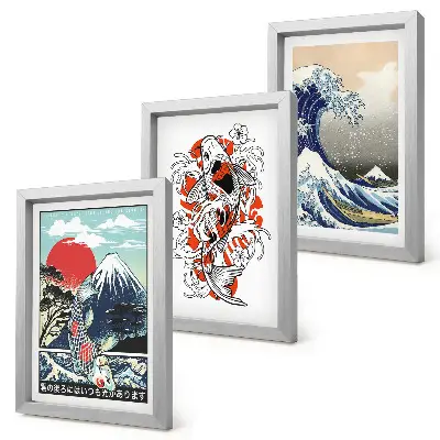 Composizione di 3 quadri con illustrazioni di montagne di pesci e della Grande Onda al largo di Kanagawa in stile giapponese