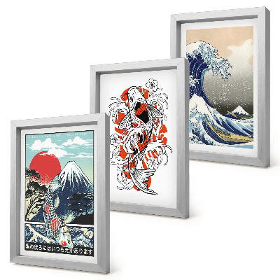 Composizione di 3 quadri Illustrazioni di montagne di pesci e della Grande Onda al largo di Kanagawa, in stile giapponese.