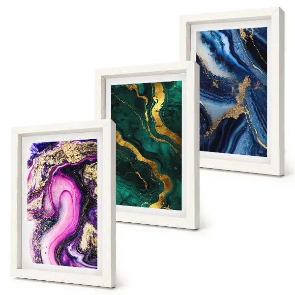 Composizione di 3 quadri con motivi astratti nelle tonalità del rosa, del verde e del blu
