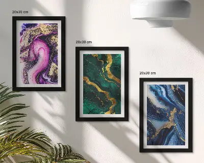 Composizione di 3 quadri con motivi astratti nelle tonalità del rosa, del verde e del blu