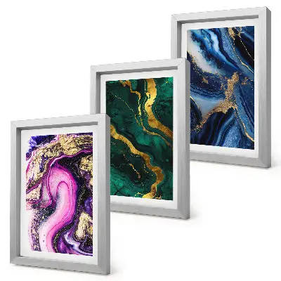 Composizione di 3 quadri con motivi astratti nelle tonalità del rosa, del verde e del blu