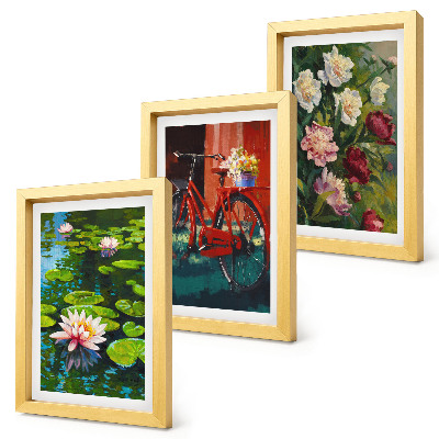 Trittico incorniciato Gigli sull'acqua, bicicletta in giardino, fiori colorati