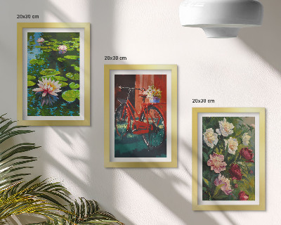 Trittico incorniciato Gigli sull'acqua, bicicletta in giardino, fiori colorati