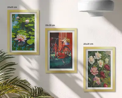 Trittico incorniciato gigli sull'acqua con bicicletta in giardino e fiori colorati