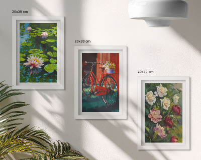 Trittico incorniciato Gigli sull'acqua, bicicletta in giardino, fiori colorati