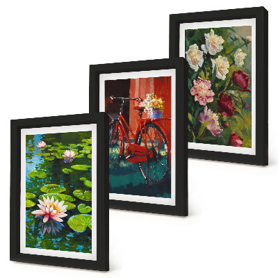 Trittico incorniciato Gigli sull'acqua, bicicletta in giardino, fiori colorati