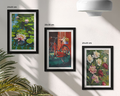 Trittico incorniciato Gigli sull'acqua, bicicletta in giardino, fiori colorati