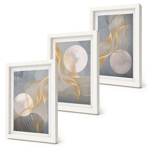 Trittico incorniciato Motivi astratti con onde e cerchi su sfondo grigio