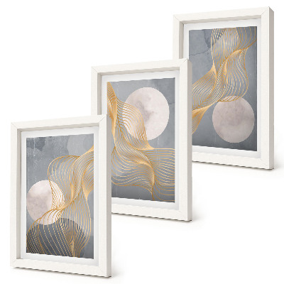 Trittico incorniciato Motivi astratti con onde e cerchi su sfondo grigio