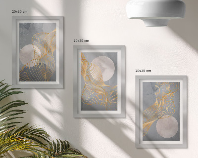 Trittico incorniciato Motivi astratti con onde e cerchi su sfondo grigio