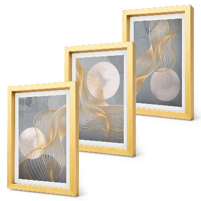 Trittico incorniciato Motivi astratti con onde e cerchi su sfondo grigio