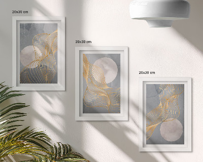 Trittico incorniciato Motivi astratti con onde e cerchi su sfondo grigio