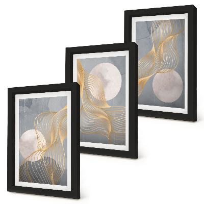Trittico incorniciato Motivi astratti con onde e cerchi su sfondo grigio