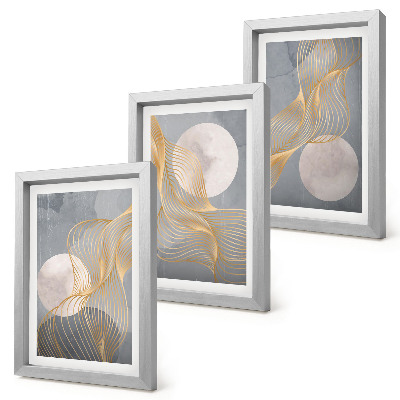 Trittico incorniciato Motivi astratti con onde e cerchi su sfondo grigio