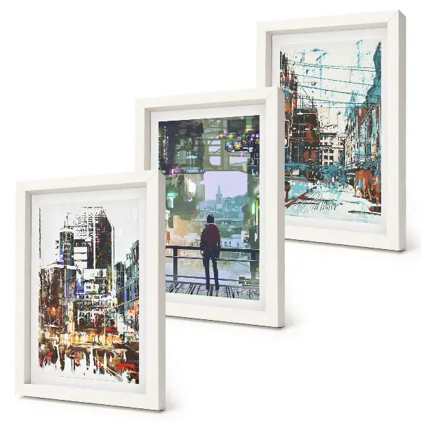 Trittico incorniciato città moderne a colori con figura sullo sfondo