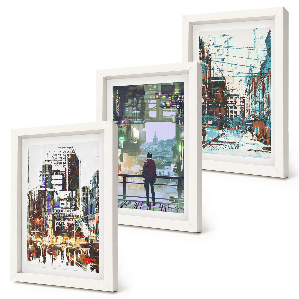 Trittico incorniciato Città moderne a colori con una figura sullo sfondo