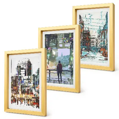 Trittico incorniciato città moderne a colori con figura sullo sfondo