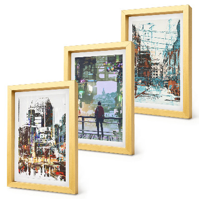 Trittico incorniciato Città moderne a colori con una figura sullo sfondo