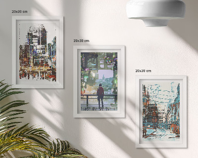 Trittico incorniciato Città moderne a colori con una figura sullo sfondo