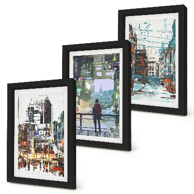 Trittico incorniciato Città moderne a colori con una figura sullo sfondo
