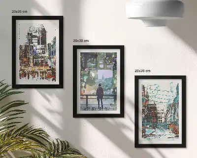 Trittico incorniciato città moderne a colori con figura sullo sfondo
