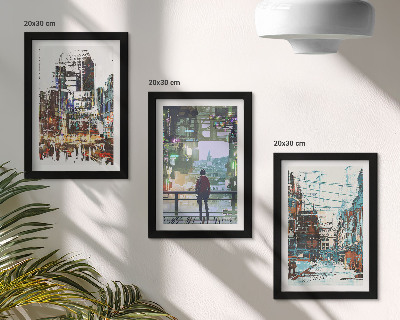 Trittico incorniciato Città moderne a colori con una figura sullo sfondo