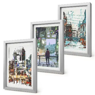 Trittico incorniciato città moderne a colori con figura sullo sfondo