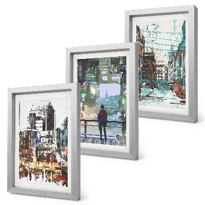 Trittico incorniciato Città moderne a colori con una figura sullo sfondo