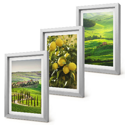 Composizione di 3 quadri Paesaggi italiani con agrumeti e verdi colline