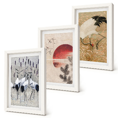 Composizione di 3 quadri illustrazioni di gru giapponesi paesaggio giapponese
