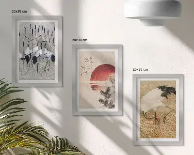 Set di 3 quadri con illustrazione di gru e paesaggio giapponese