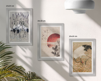Composizione di 3 quadri illustrazioni di gru giapponesi paesaggio giapponese