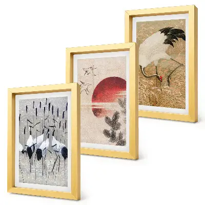 Set di 3 quadri con illustrazione di gru e paesaggio giapponese