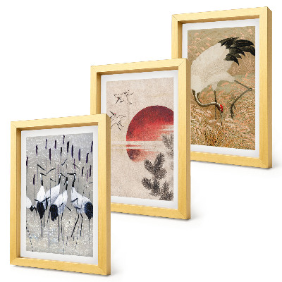 Composizione di 3 quadri illustrazioni di gru giapponesi paesaggio giapponese