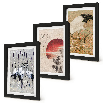 Composizione di 3 quadri illustrazioni di gru giapponesi paesaggio giapponese