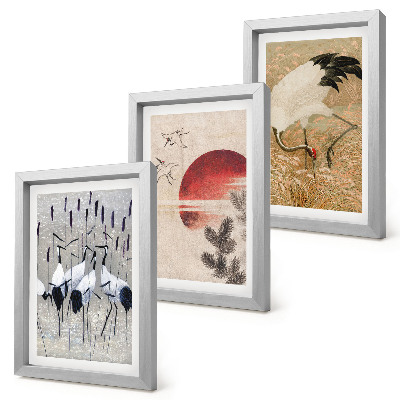 Composizione di 3 quadri illustrazioni di gru giapponesi paesaggio giapponese