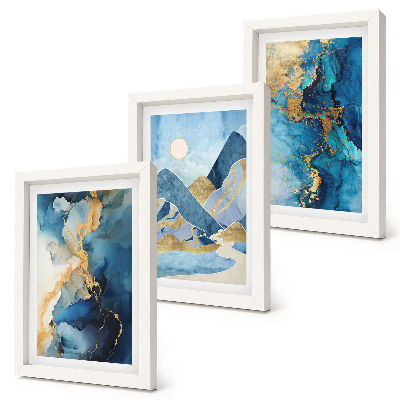 Composizione di 3 quadri Montagne blu con elementi di motivi astratti
