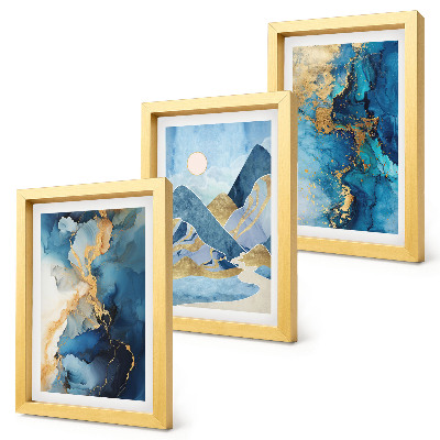Composizione di 3 quadri Montagne blu con elementi di motivi astratti