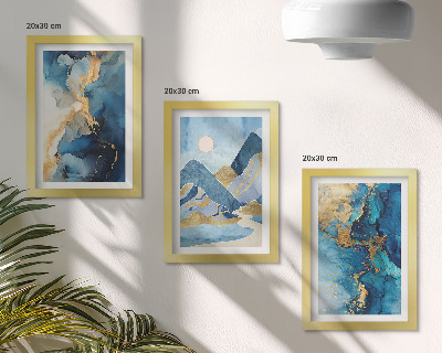 Composizione di 3 quadri Montagne blu con elementi di motivi astratti