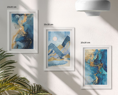 Composizione di 3 quadri Montagne blu con elementi di motivi astratti