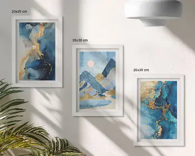 Composizione di 3 quadri motivo astratto con montagne blu