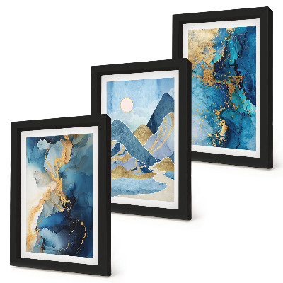 Composizione di 3 quadri Montagne blu con elementi di motivi astratti