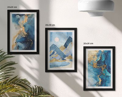 Composizione di 3 quadri Montagne blu con elementi di motivi astratti