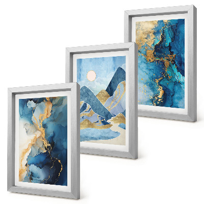 Composizione di 3 quadri Montagne blu con elementi di motivi astratti