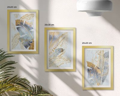Composizione di 3 quadri Foglie nelle tonalità del blu e del beige su uno sfondo chiaro.