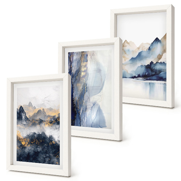 Trittico incorniciato Paesaggi montani con tonalità blu e grigie